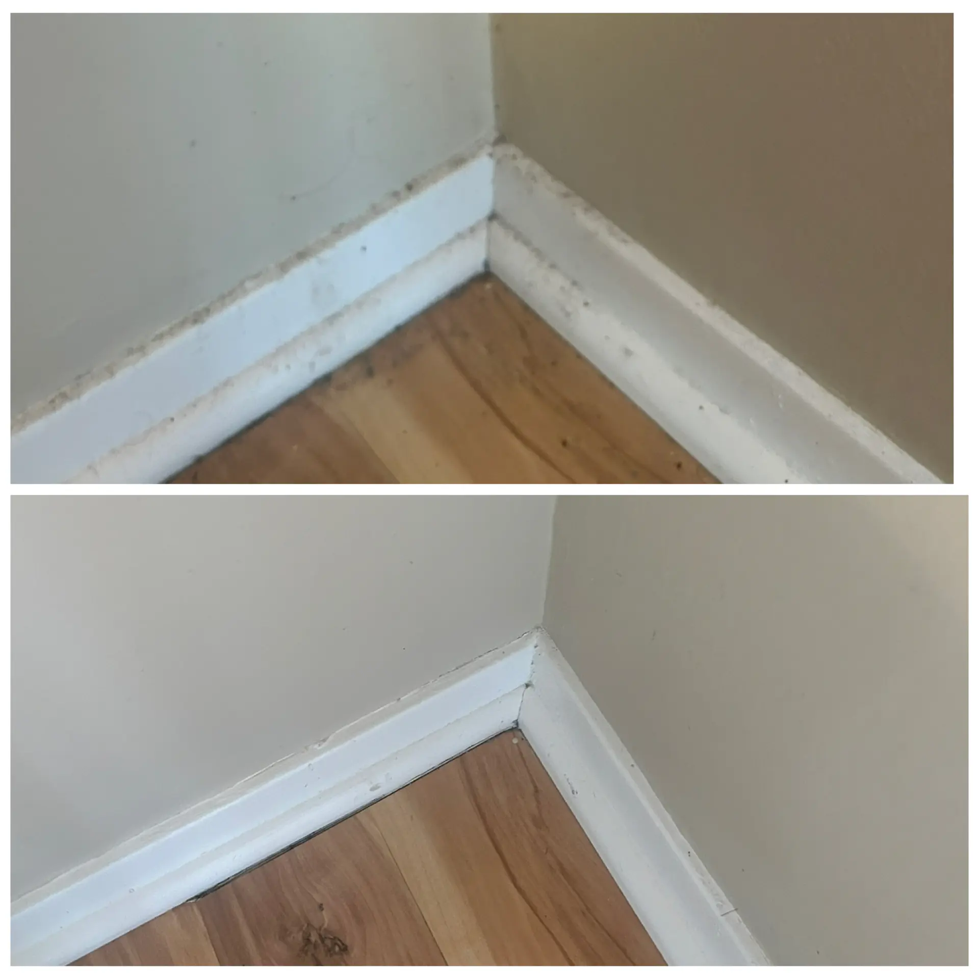Before and after of a baseboard and corner deep cleaned of built-up grime