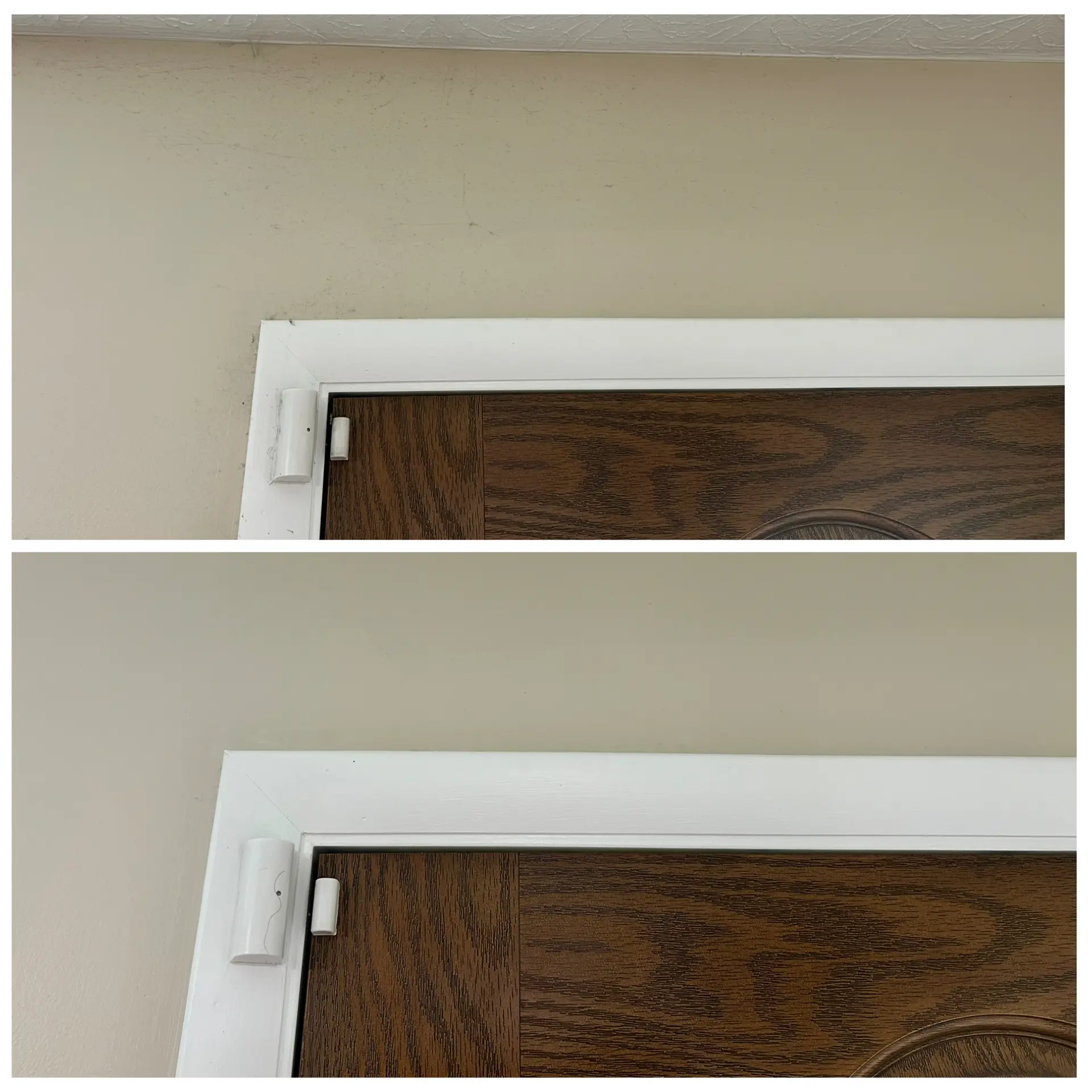 Before and after of a door frame and trim deep cleaned