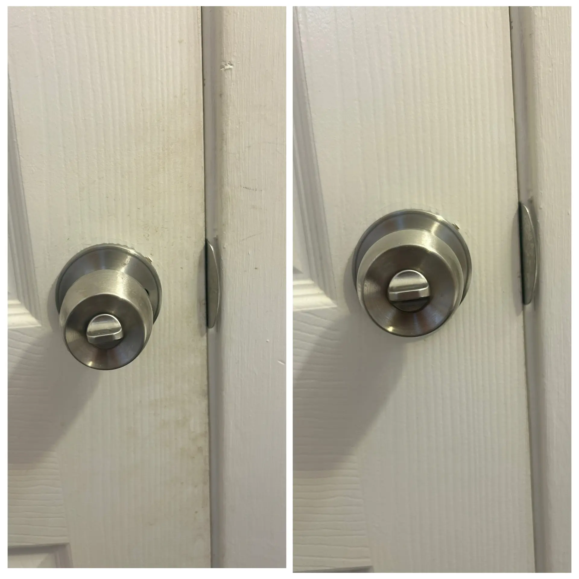Before and after of a door and handle hardware deep cleaned