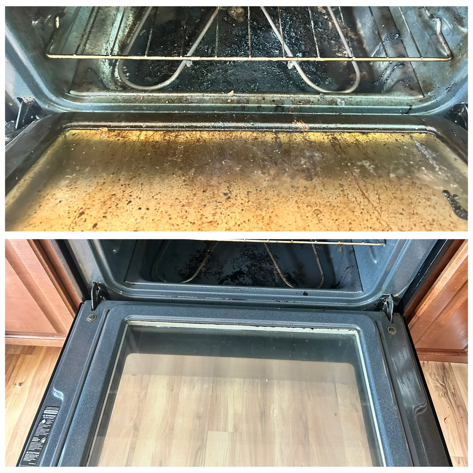 Before and after of a greasy oven interior deep cleaned spotless