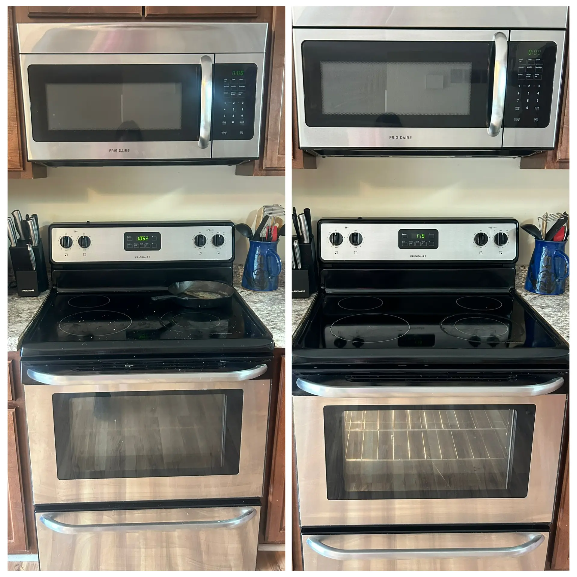 Before and after of a stove range and over-range microwave deep cleaned