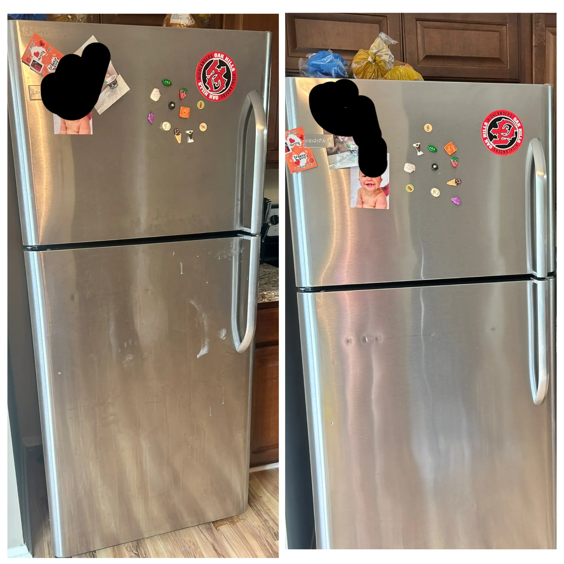 Before and after of a stainless steel refrigerator deep cleaned and polished