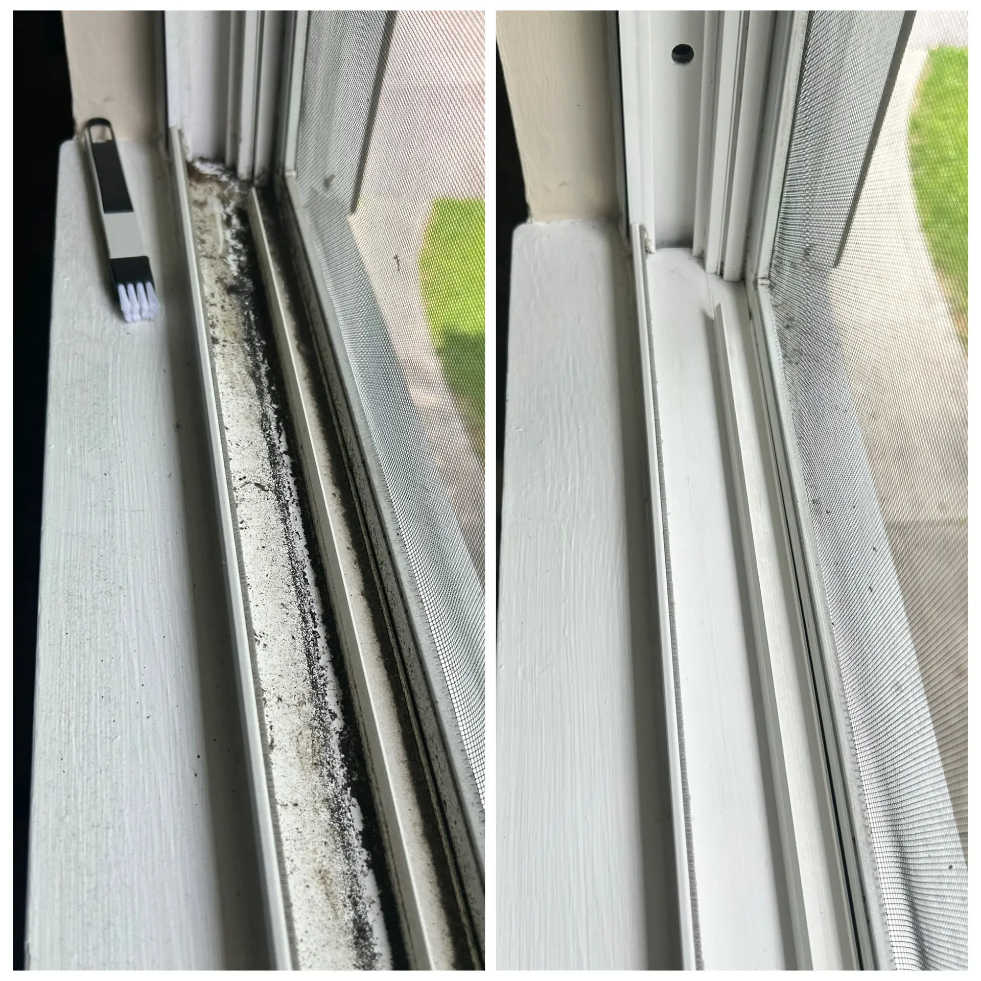 Before and after of a window track with heavy buildup deep cleaned