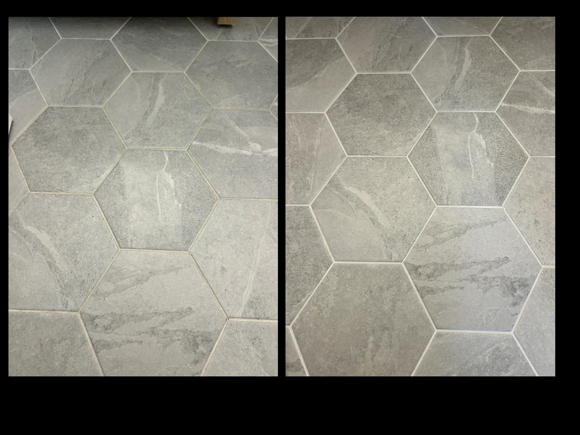 Before and after of a hexagon tile floor with construction haze cleaned away