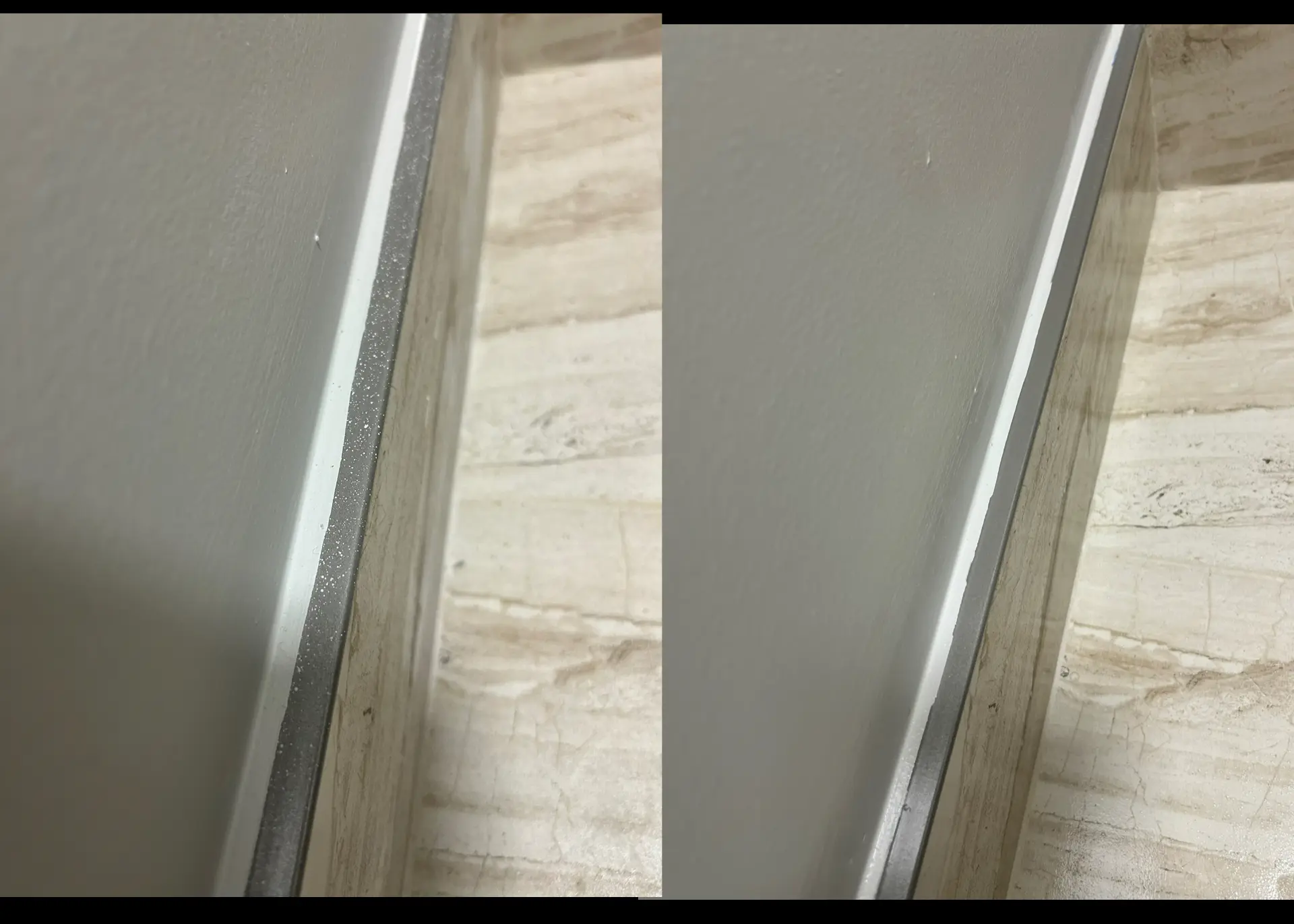 Before and after of a window sill and stone ledge cleaned of construction dust